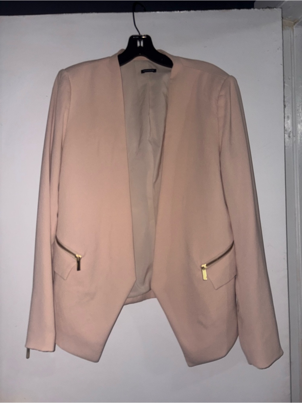 Magaschoni Blush Pink Collarless Open-Front Blazer with Gold Zippers